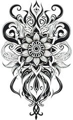 vector illustration, coloring, collage with patterns and ornaments symbolizing vegetation and flowers, tattoo, monochrome tattoo template
