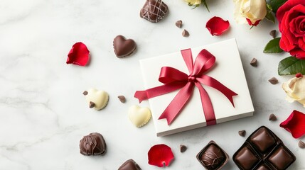 A beautifully arranged gift box with a red ribbon, surrounded by assorted chocolates and rose petals, perfect for romantic occasions, gifting, or celebrations, This image conveys love and sweetness,