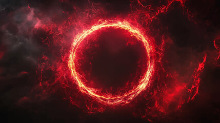 Red abstract circle plasma lightning particle effect, ring flame fire with swirling glow particles visual effect layer overlay isolated black background. © Pickoloh
