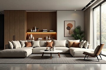 Modern Luxury Living Room with Minimalist Design and Cozy Neutral Colors for a Sophisticated Home Interior