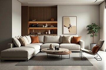 Modern Luxury Living Room with Minimalist Design and Cozy Neutral Colors for a Sophisticated Home Interior