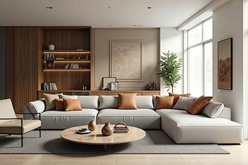 Fototapeta premium Modern Luxury Living Room with Minimalist Design and Cozy Neutral Colors for a Sophisticated Home Interior