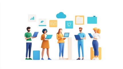 Obraz premium Diverse Team Collaborating on a Cloud-Based Project with Laptops and Digital Documents