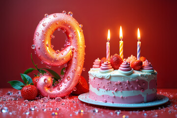 9th birthday card. Large, pink number nine next to a cake with lit candles and strawberries on a table.