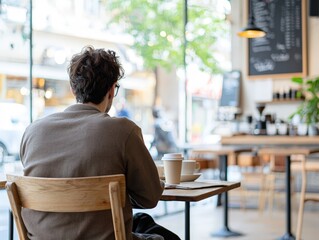 Fototapeta premium Man Sitting Alone in a Cafe, Looking Out the Window, Thinking