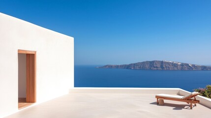 Fototapeta premium Mediterranean Terrace with Ocean View and Lounger