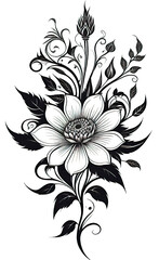 vector illustration, coloring, collage with patterns and ornaments symbolizing vegetation and flowers, tattoo, monochrome tattoo template