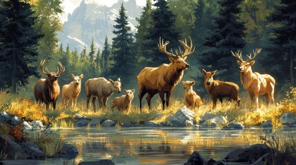 Obraz premium Cartoon Woodland Scene with Wild Animals in Forest