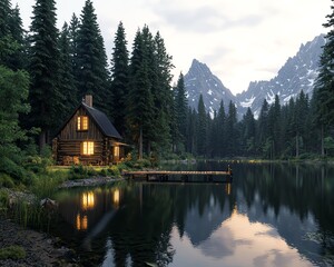 Obraz premium Cozy cabin by the lake with mountains in the background.