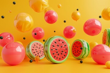 Vibrant watermelon and citrus balloons on yellow background