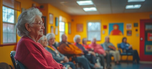 A group of seniors sits in a vibrant community room adorned with colorful art, engaged in conversation and sharing experiences during a sunny afternoon.