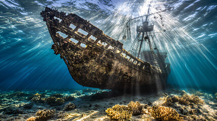 underwater scene capturing eerie silhouette of sunken ship surrounded by vibrant coral reefs and beams of light filtering through water