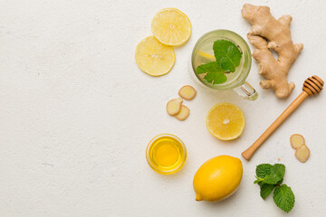 Natural cold and flu home remedies. Natural ingredients for immunity stimulation and viruses protection. top view flat lay