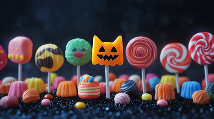Sweet lollipops with Halloween striped pattern, twisted hard sugar candies on wooden stick. Vector cartoon set of caramel suckers with swirly patterns.