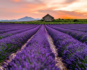 Naklejka premium Sunset over a lavender field with a small cabin