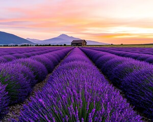 Obraz premium Scenic lavender field at sunrise with a barn in the distance.