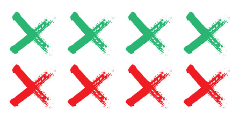Dirty grunge hand drawn with brush strokes cross x vector illustration icon set. Cross mark wrong symbol graphic design collection. Check mark symbol NO button for vote in check box, web, etc