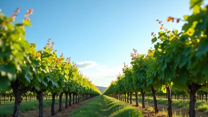 Naklejka premium Beautiful vineyard landscape with lush green grapevines stretching towards the horizon under a clear blue sky, capturing the essence of winemaking, agriculture, and serene beauty in the countryside
