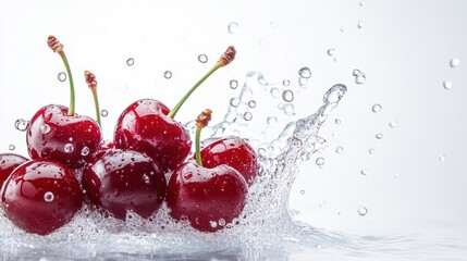 Fresh red cherries splashing into water, creating a vibrant and refreshing scene.