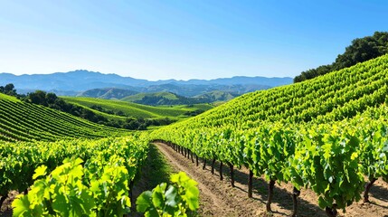 Fototapeta premium Vineyard landscape with rolling hills and green vines.