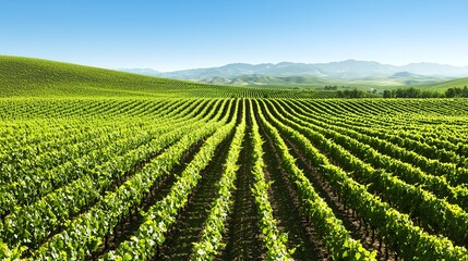 Verdant vineyard stretching across rolling hills under a clear tranquil sky.