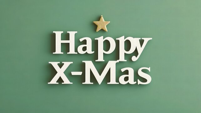 A greeting card that says "Happy X-Mas" in large white letters on a flat, matte green background. The design is minimalistic with only a small golden star on the top of the card.
