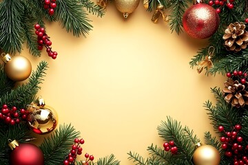 Festive Christmas decoration with ornaments and pine.