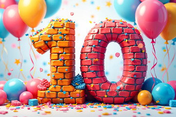 10th birthday card. Large, colorful number 10 made out of bricks, surrounded by numerous balloons and confetti.