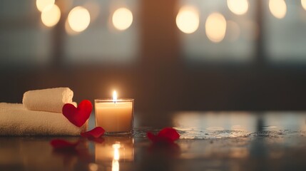 A serene setting featuring a lit candle, rolled towels, and rose petals, ideal for wellness, relaxation, or romantic themes, Perfect for spa promotions, self-care articles