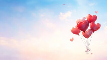 Fototapeta premium A collection of vibrant heart-shaped balloons floating against a soft blue sky, creating a romantic and uplifting atmosphere ideal for love-themed projects, greeting cards, or celebrations,