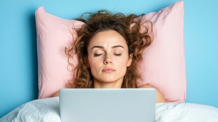 Obraz premium A woman relaxes in bed while using a laptop, surrounded by soft pillows and a vibrant blue background.