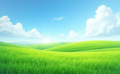 Fototapeta premium green grass blue sky with clouds