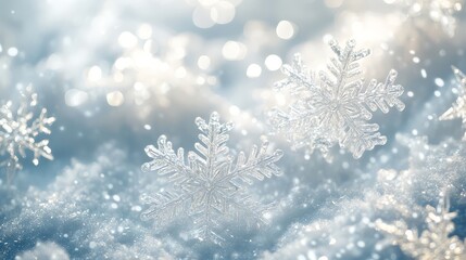 Close up of Floating Snowflakes with Bokeh Background in Winter