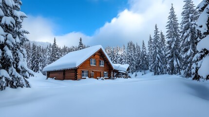 Snowy Forest Cabin with Blue Sky