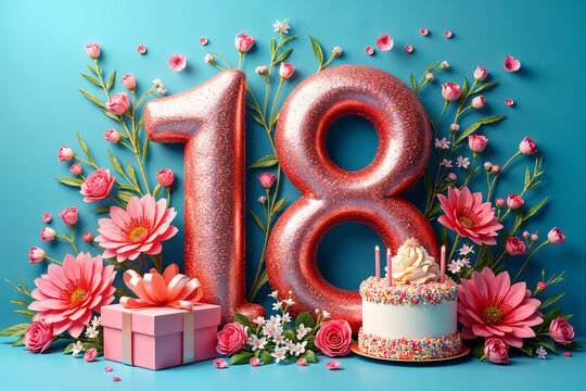 18th birthday card. Large, stylized number 18 with a three-dimensional effect, surrounded by colorful flowers and cake,  decorated with candles.