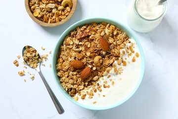 Delicious granola with yogurt on the table