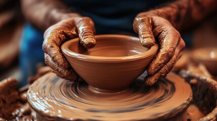 Hands skillfully shape a brown clay bowl on a spinning pottery wheel, surrounded by tools and remnants of creativity in a cozy, warmly lit studio during the evening hours.