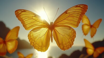 yellow butterflies flying in a sunny sky