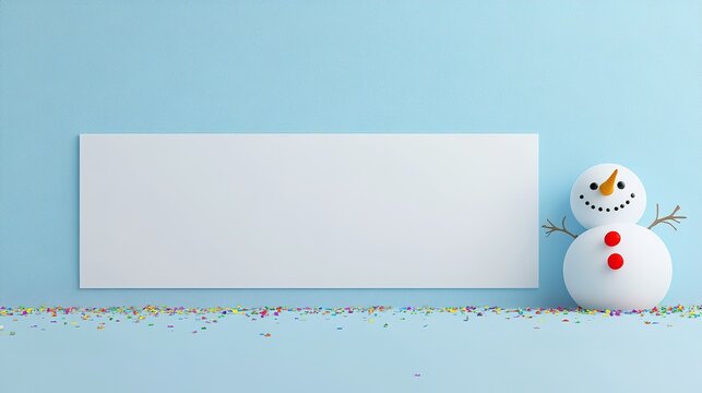3d snowman looking out the corner, holding blank banner, blinking and smiling. Gold confetti falling. Happy New Year. Merry Christmas animated greeting card