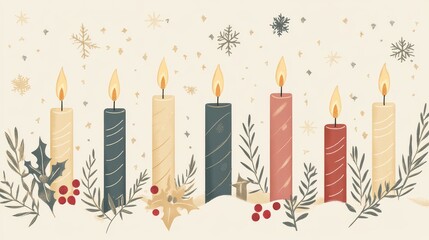 Seven Lit Candles with Holly and Snowflakes for Christmas Holiday