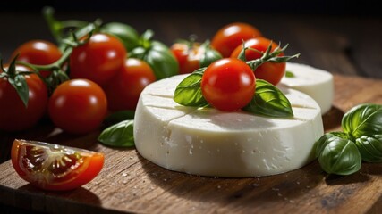 Fresh cheese with cherry tomatoes and basil on a wooden board.