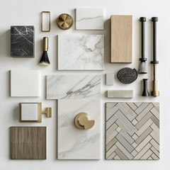 Create a mood board on a white background featuring light natural wood finishes