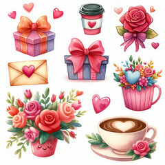 Cute cartoon set of stickers on Valentine's day on white background. AI