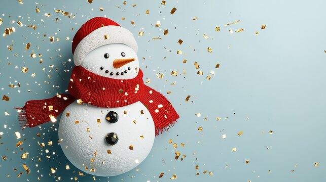 3d snowman looking out the corner, holding blank banner, blinking and smiling. Gold confetti falling. Happy New Year. Merry Christmas animated greeting card