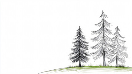 Fototapeta premium Minimalist line drawing of pine tree forest with green grass