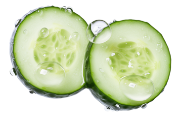 Two pieces of cucumber in large drops of water isolated on a transparent background.