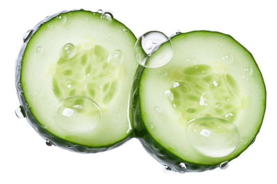Two pieces of cucumber in large drops of water isolated on a transparent background.