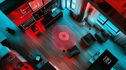 High-Tech Smart Home at Night with Glowing AI Control Panels, Wireframe Neon Connections, Aerial View of Connected Devices & Futuristic Gadgets