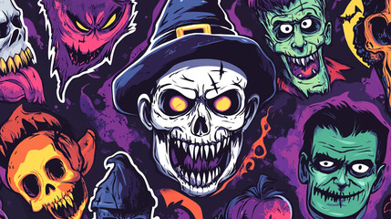 The graffiti spray pattern set includes halloween symbols, werewolf, dracula, Frankenstein, hat, striped vector illustration background.