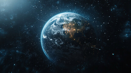 dark blue background with the Earth glowing brightly in space, symbolizing global unity, the vastness of the universe, and the interconnectedness of humanity within the cosmos